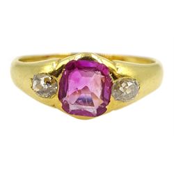 19th century 22ct gold cushion cut pink sapphire and old cut diamond ring, the inside shank stamped 1886