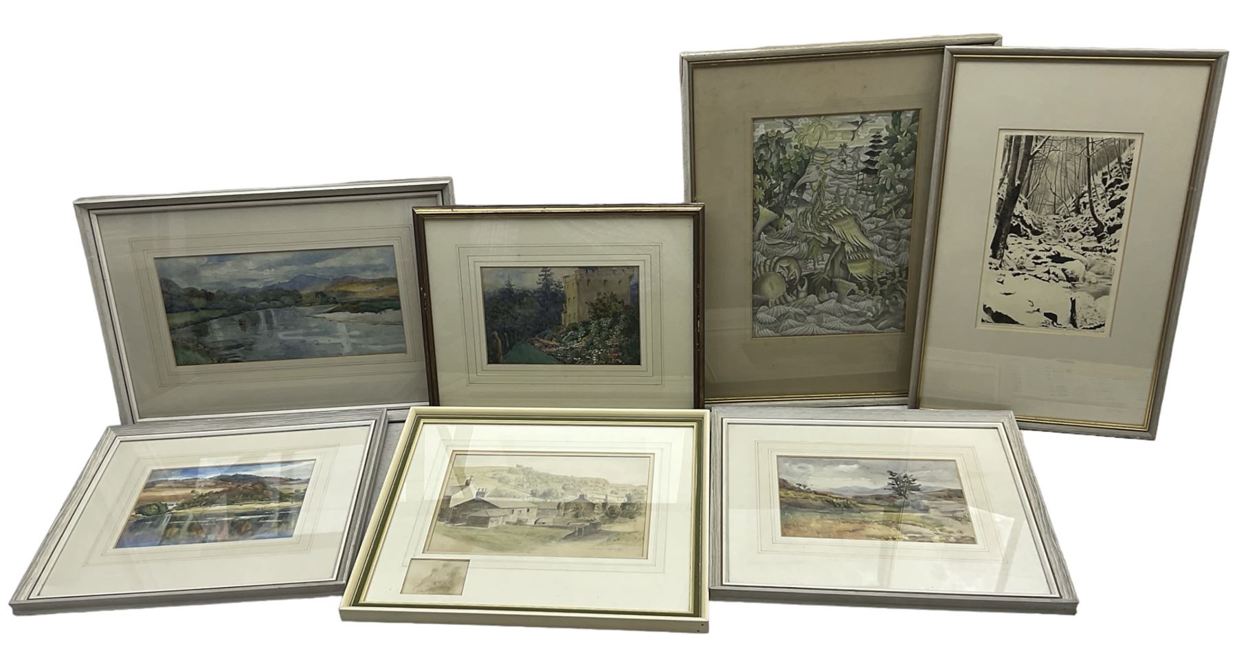 May Tempest (British early 20th century): Landscapes, four watercolours together with a Godfrey Wilson engraving and watercolour, and another work in pencil signed A J Tawa (7)