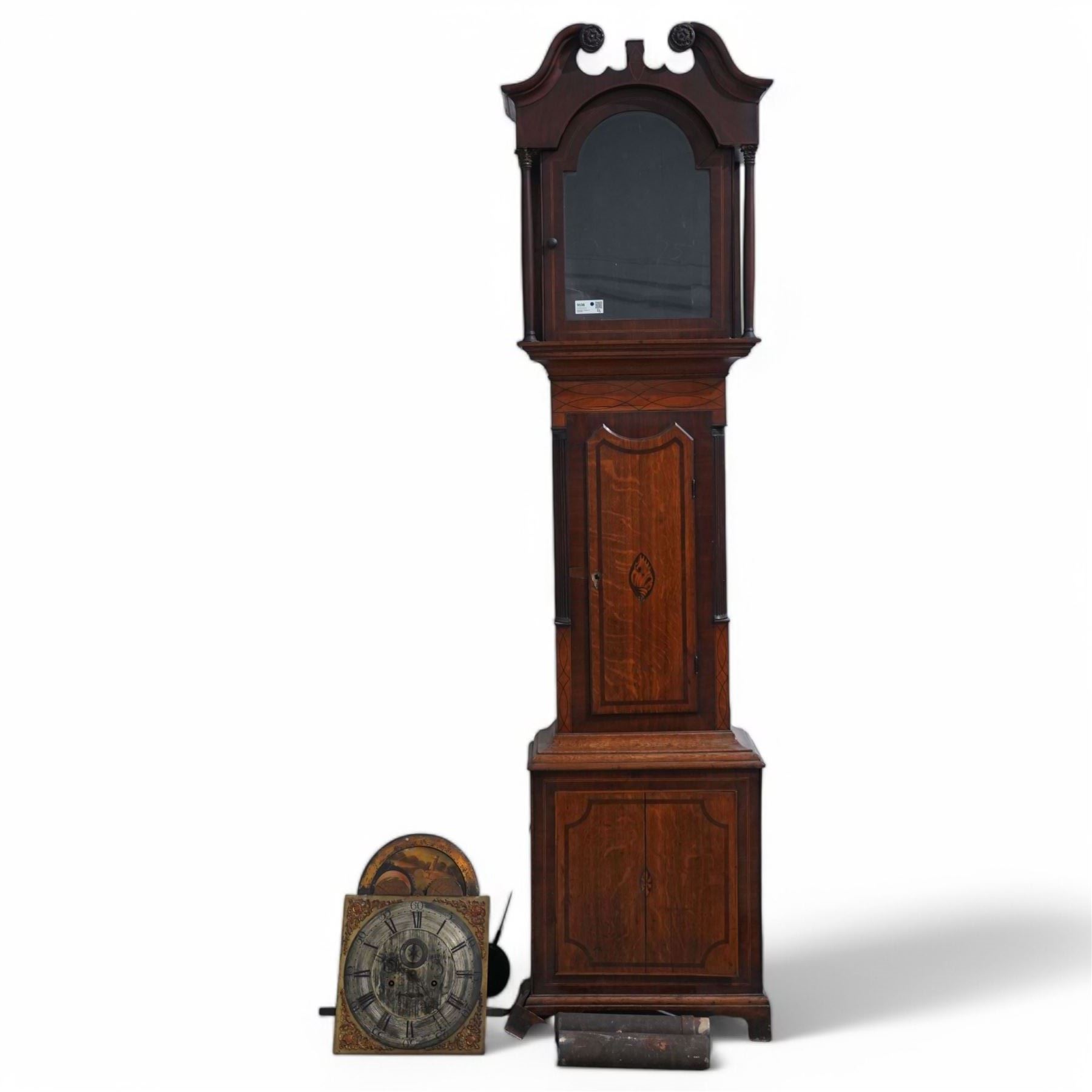 Late 18th century oak and mahogany 8-day longcase clock with a swans neck pediment and brass moon roller dial. With pendulum & weights. Movement, dial and case in need of restoration.