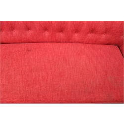  Early 20th century 'Howard & Co.' style walnut framed Chesterfield sofa, with turned front feet, upholstered in pink buttoned fabric, ceramic castors, W196cm, D85cm  