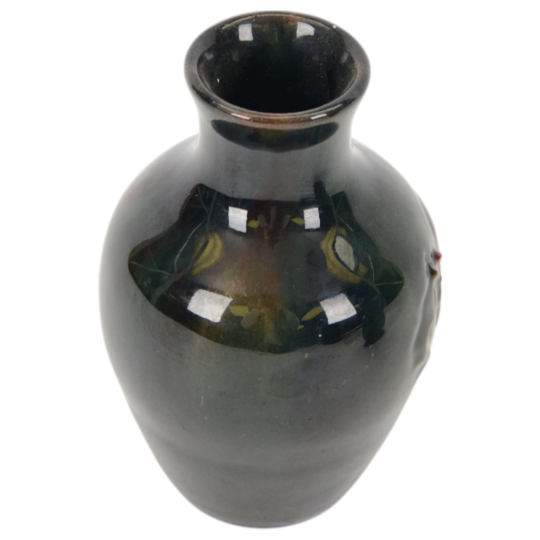 Elton ware slipware pottery vase with floral relief decoration, together with green and silver glaze jug