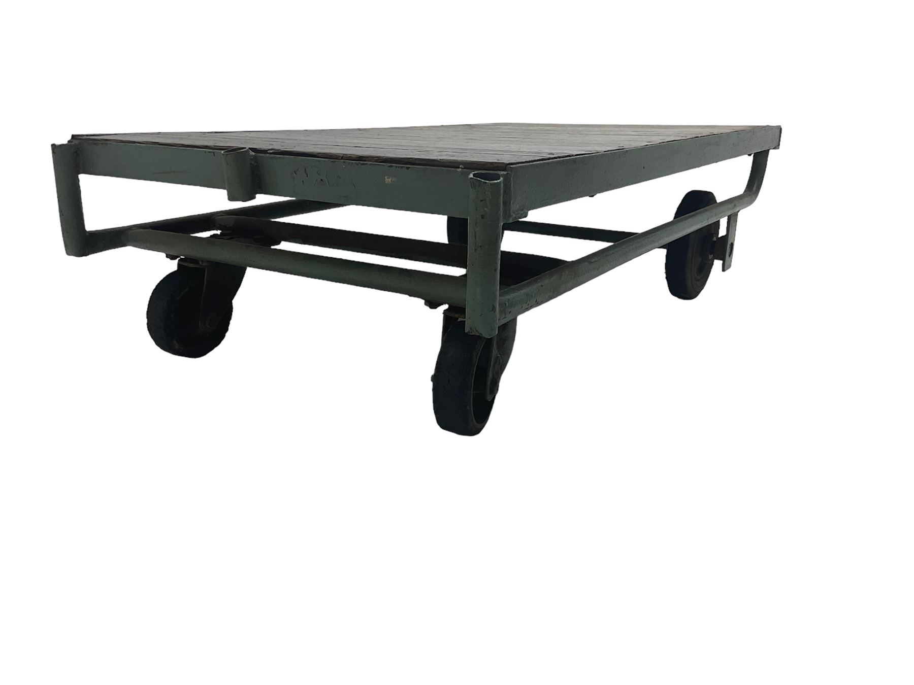 20th century wrought metal and pine railway luggage trolley or coffee table, on castors, by repute from York Station 