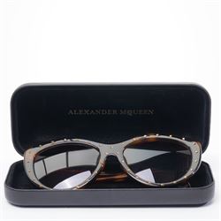 Alexander McQueen - pair of oversized sunglasses, with tortoiseshell-effect acetate frames and gradient tinted lenses, the fronts studded with gold-tone metal rivets, the arms signed ‘Alexander McQueen’, with original hard case and box