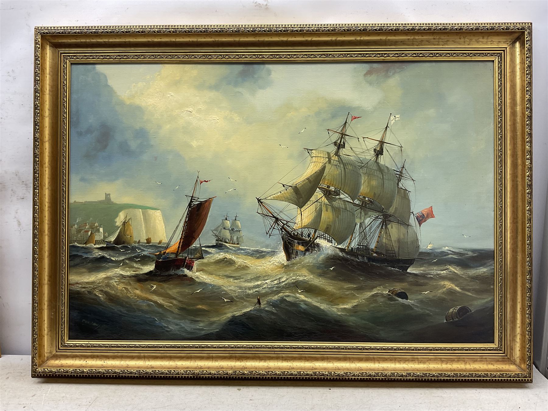 Michael J Whitehand (British 1941-): Shipping Off Scarborough in Heavy Seas, oil on canvas signed 60cm x 90cm