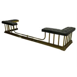 Victorian design brass telescopic extending club fire fender, the corner seats upholstered in buttoned green fabric over plain balustrade, on moulded base with floral cast corner brackets 