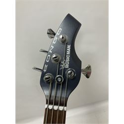Music Man Bongo 4 string bass guitar, in sapphire black finish, serial no F42547, in black Music Man hard case, guitar L113cm
