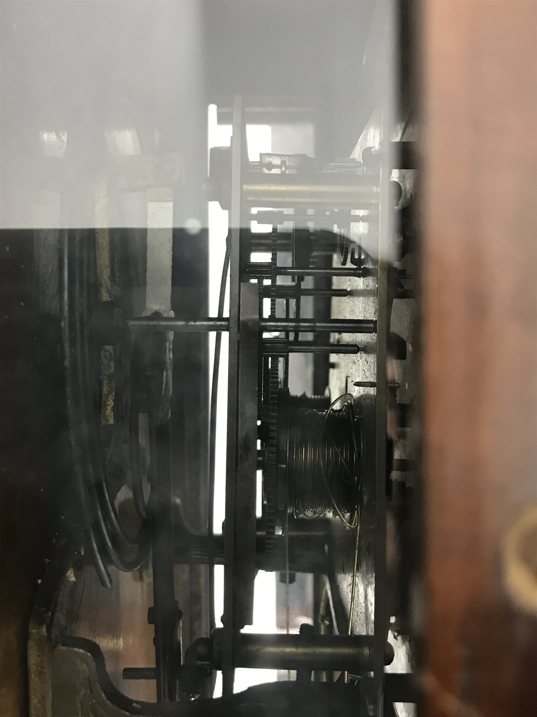 Late 19th century Vienna type wall clock, walnut and beech cased, eight day movement striking the hours and half on coil, H107cm (two weights and pendulum)