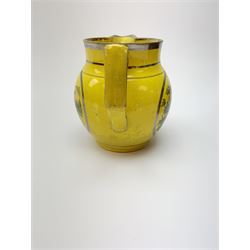An early 19th century Staffordshire yellow ground jug, printed with two oval scenes of a country house, further detailed with silver lustre, H11cm, together with a group of 19th century copper lustre, comprising four jugs and two coffee cans. 