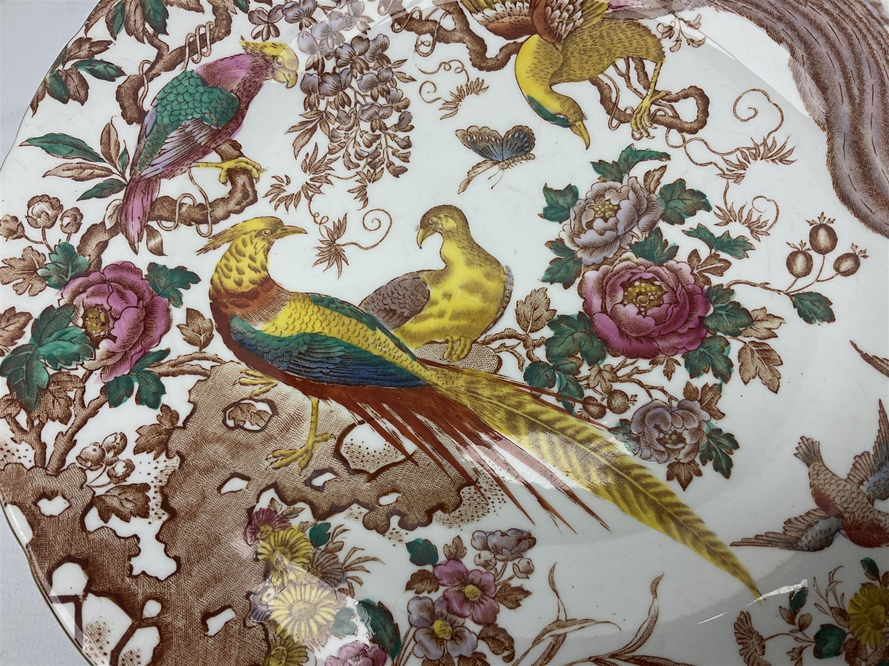 Five early 20th century Royal Crown Derby Olde Avesbury pattern dinner plates, decorated with oriental pheasants, butterflies and other birds amongst flowering branches, with impressed and printed marks to reverse, D26.5cm