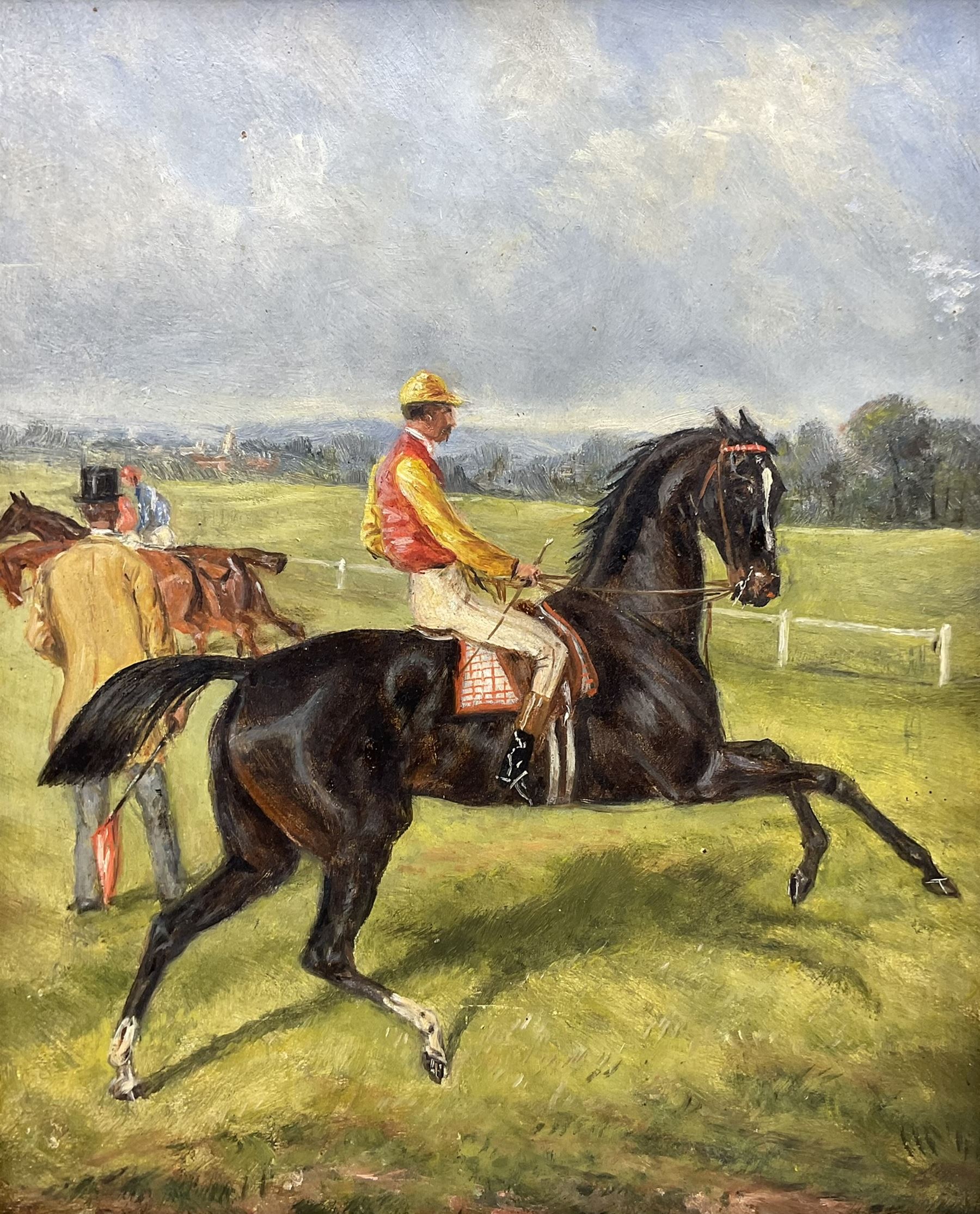 English School (19th/20th century): 'Left at the Post', oil on board, indistinctly signed and titled verso 27cm x 22cm