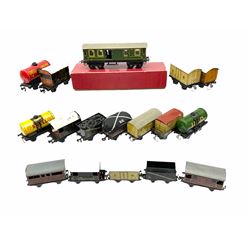 Trix Twin - fifteen goods wagons including Trix Express, goods brake vans, tank wagons for Shell and United Dairies, open and covered wagons; four coaches including small LNER teak finish, LMS Dining Car etc; quantity of bakelite track; and Power Controller