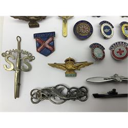 Two Edwardian hallmarked silver presentation fobs for military bugling competitions; and quantity of cap/glengarry and other badges, sweetheart brooches etc