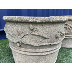 Two composite stone circular garden planters, decorated with oak leaves and acorns - THIS LOT IS TO BE COLLECTED BY APPOINTMENT FROM DUGGLEBY STORAGE, GREAT HILL, EASTFIELD, SCARBOROUGH, YO11 3TX