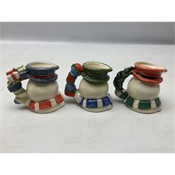 Three Royal Doulton The Mickey Mouse Collection figurines comprising Mickey Mouse MM1, Minnie Mouse MM2, and Goofy MM5, together withe three Royal Doulton limited edition miniature snowman character jugs comprising Christmas Stocking Snowman D7124, Christmas Cracker Snowman D7158 and Snowman D7062, all with original boxes 