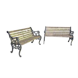 Pair of Victorian Revival Coalbrookdale design 'Dog and Serpent' pattern benches with slat...
