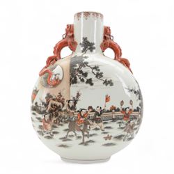 Chinese Republic period porcelain moon flask vase, of typical compressed spherical form, the neck and shoulders with applied iron red dragon handles, the body decorated in iron-red and grisaille with a 'one hundred children' design, depicting various children at play and engaged in musical pursuits within a garden setting, with apocryphal Qianlong mark beneath, H47cm