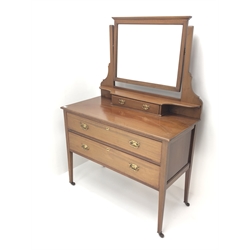  Edwardian inlaid mahogany dressing table, raised bevel edge mirror back, one short and two long drawers, square tapering supports, W106cm, H152cm, D52cm  
