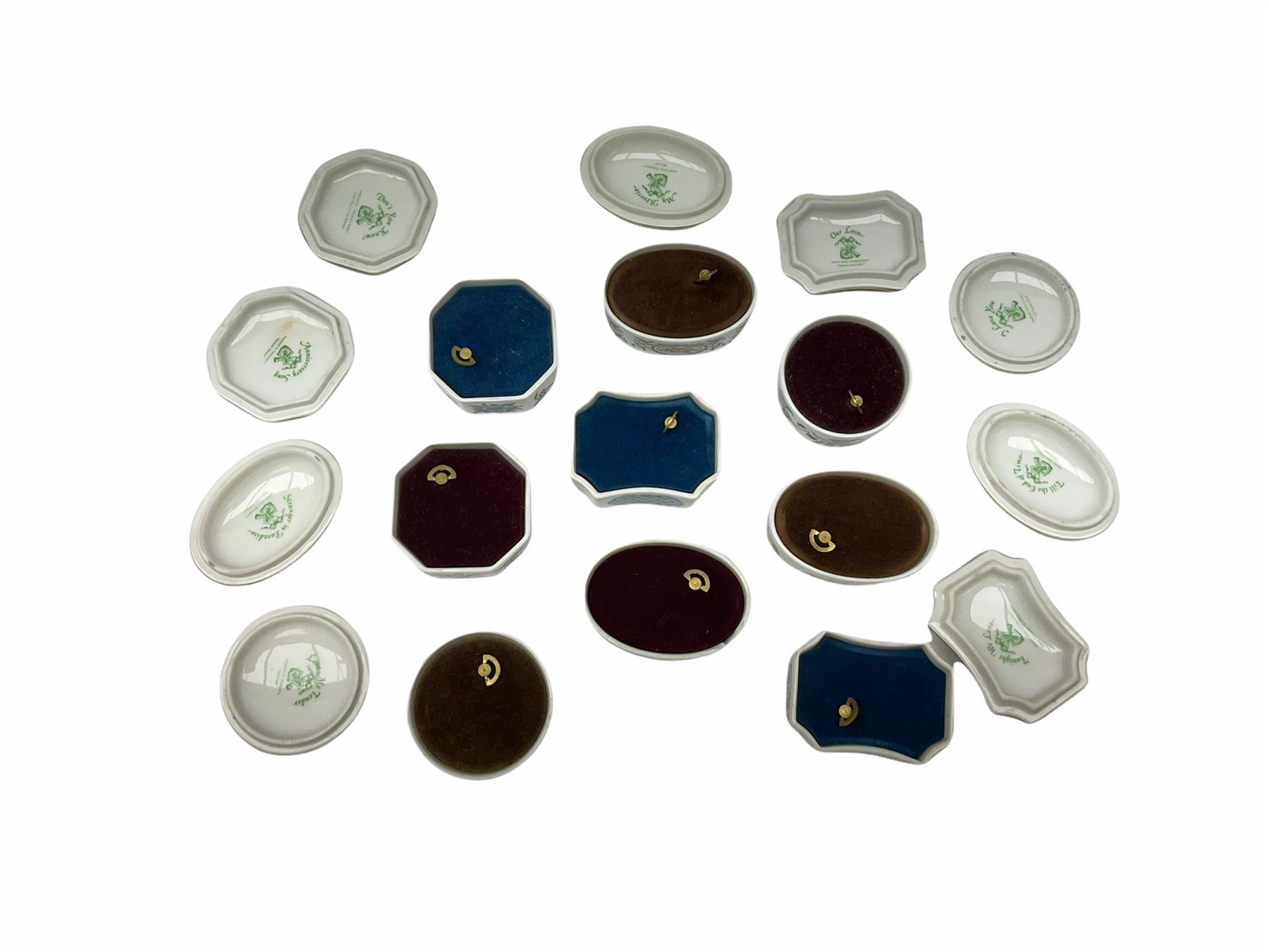 The Melodies Of Love Franklin porcelain Music Box Collection, to include 'I love you', 'Till the end of time', and 'Tonight we love', eight in total, together with Franklin porcelain 'Japanese' tea cups of 12 months, in stand. 