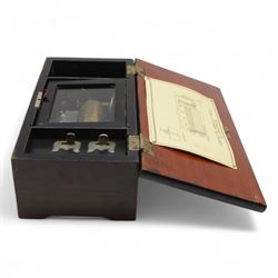 Early 20th century Swiss musical box- in a plain mahogany finished case playing six airs on a 30 tooth steel comb, with a 3-1/4”  pinned cylinder and tune indicator, with play/stop/repeat/change/ levers, crank wound spring driven barrel with Geneva stopwork, case fitted with an internal viewing glass.