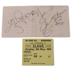 1970s Slade autograph, including Noddy Holder, Jim Lea and Don Powell, acquired at The Fut...