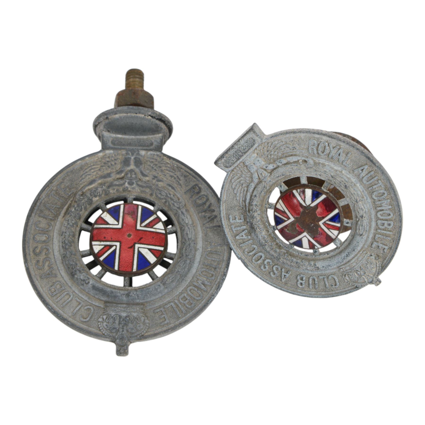 Two Royal Automobile Club Association car badges, each with central enamel Union Jack, largest H11.5cm