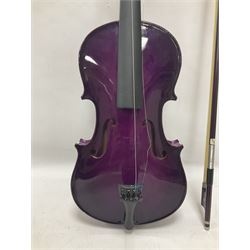 Intermusic 3/4 violin with a violet coloured solid wood body, ebonised fingerboard and fittings, bow and hard case, length 54cm