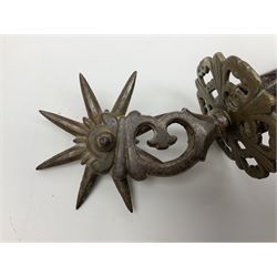 Pair of South American gaucho steel and brass spurs with eight-spike heel rowels, possibly Chilean L25cm