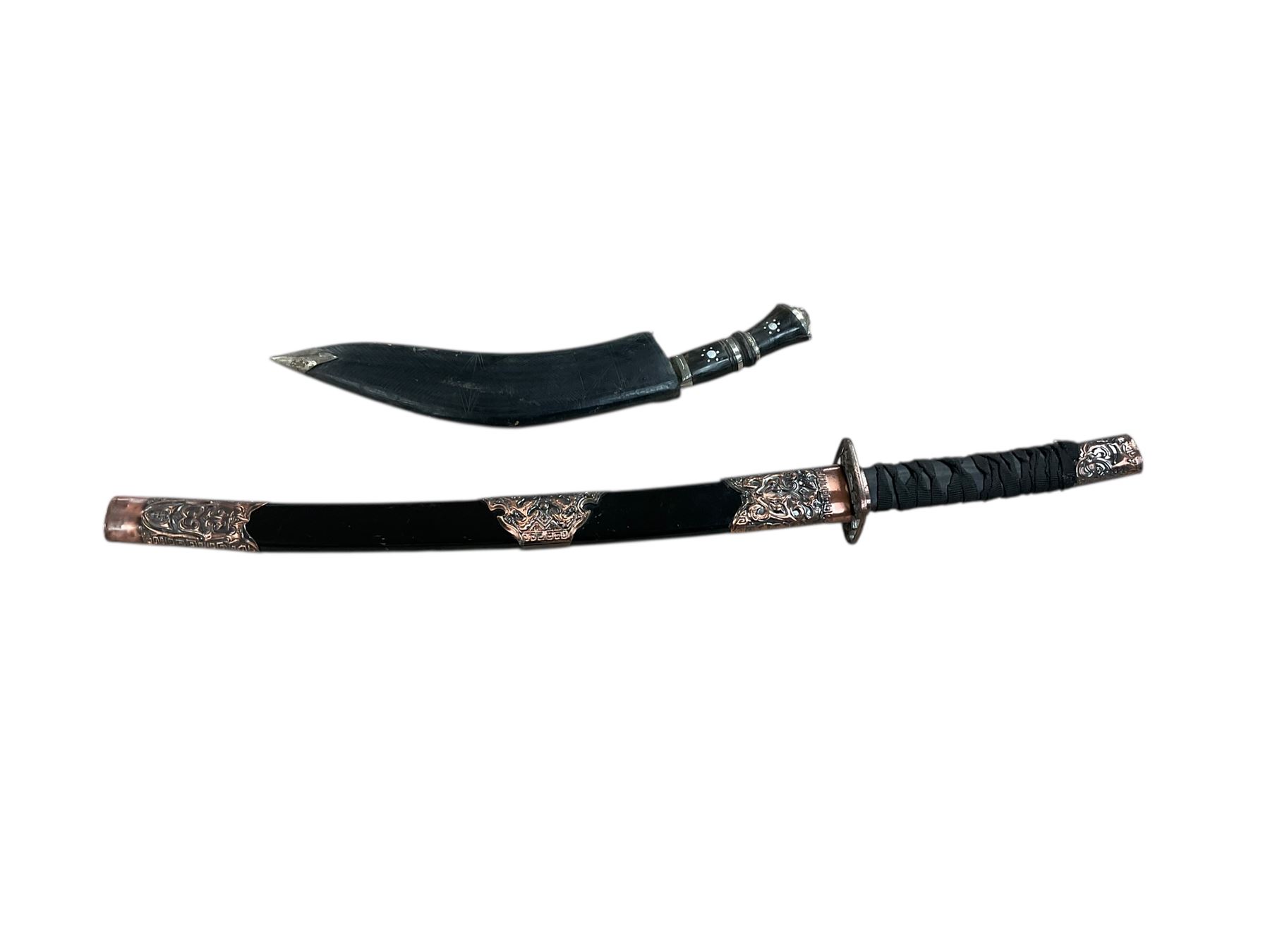 Eastern Kukri knife in leather scabbards, together with a reproduction sabre, in a lacquered scabbard with copper detail, Kukri L40cm  
