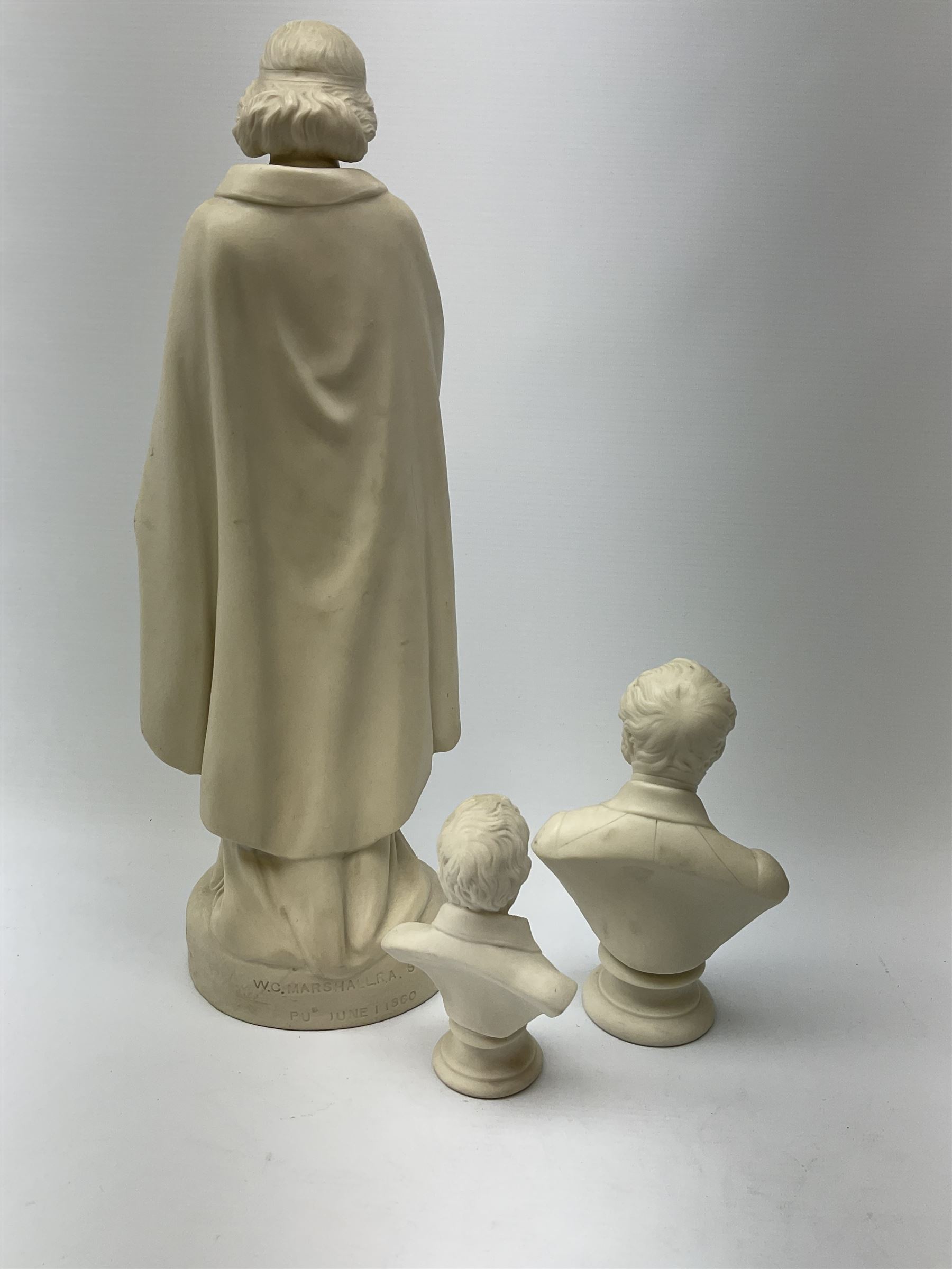 A Copeland Parian figure 'Hermione', sculpted by W C Marshall, 1860 impressed marks, along with two small parian busts. 