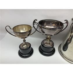 Collection of pewter and silver-plated trophy cups and presentation tankards, largest H28cm
