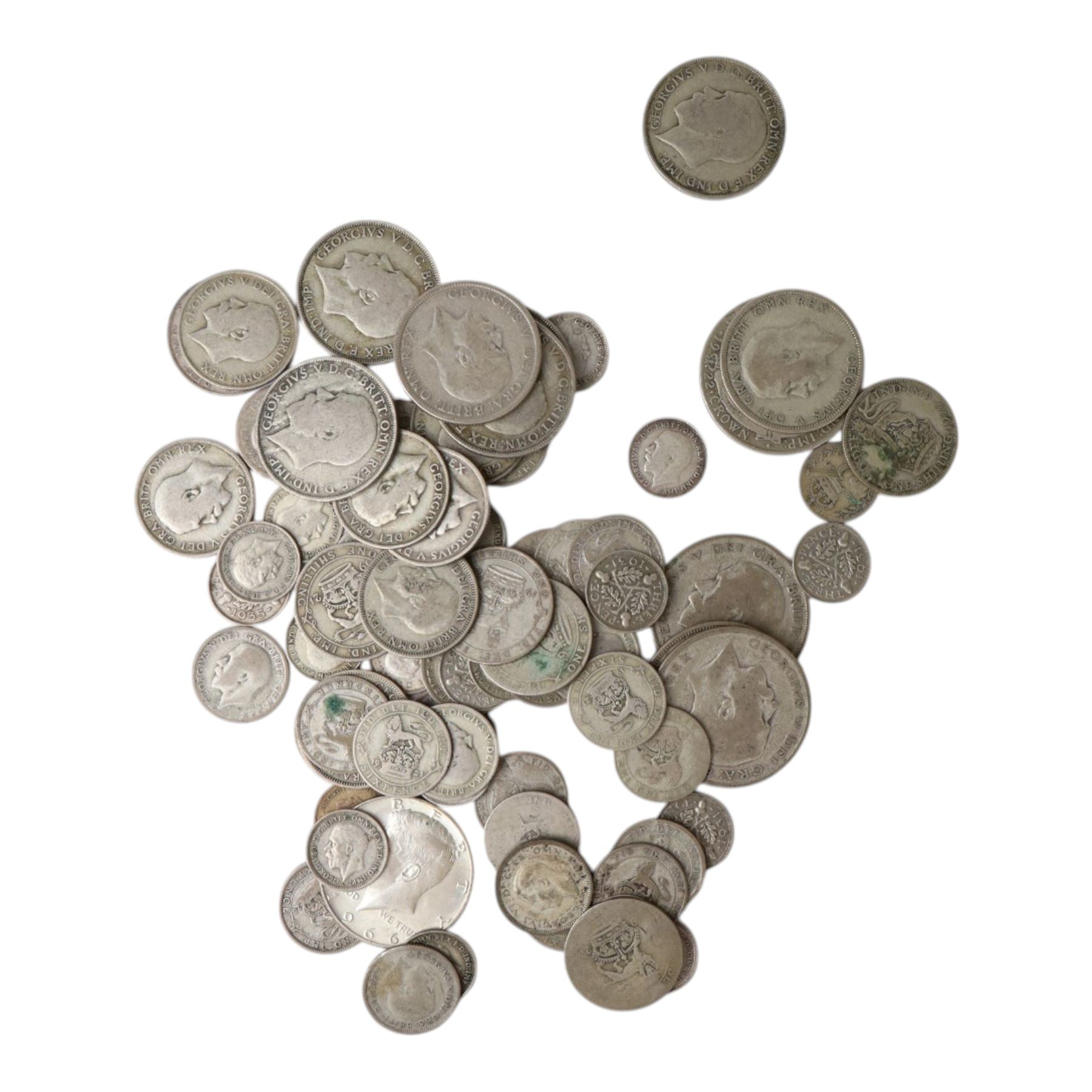 Approximately 310 grams of Great British pre-1947 silver coins, together with a USA 1966 'Kennedy' half dollar, and further pre-decimal coins