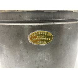 Late 19th/early 20th century steel and brass dairy pail or can, of oval form with swing handle, brass plaque to front and hinged cover inscribed 'F & T Ross Ltd Dairy Outfitters Hull', and 'New Milk F Clappison Dairy Farmer Hull', not including handle H30cm