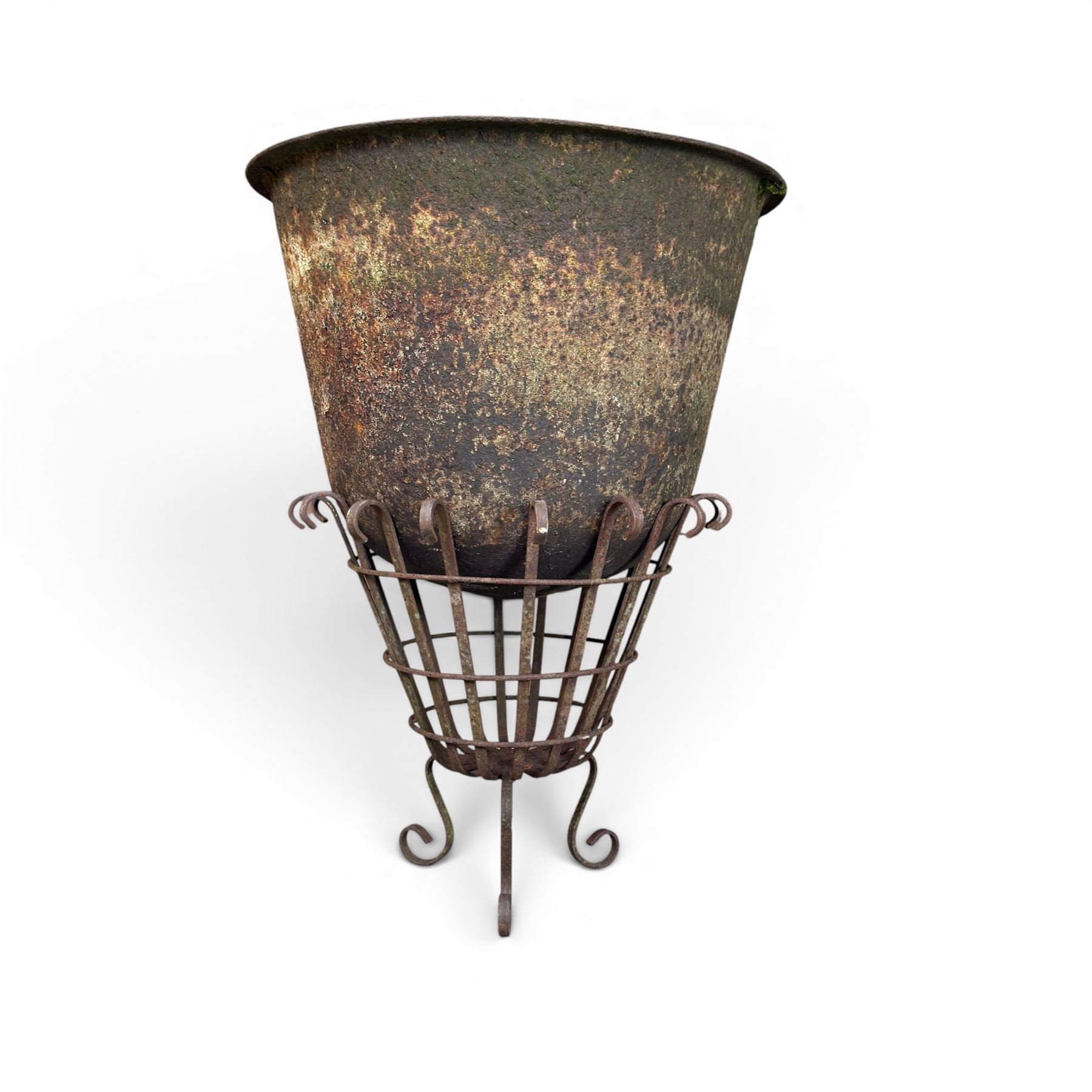 19th century cast iron bell cauldron, with associated wrought iron stand