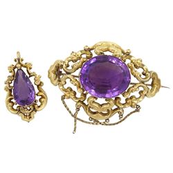 Victorian gold oval amethyst openwork brooch and a similar pear shaped pendant 
