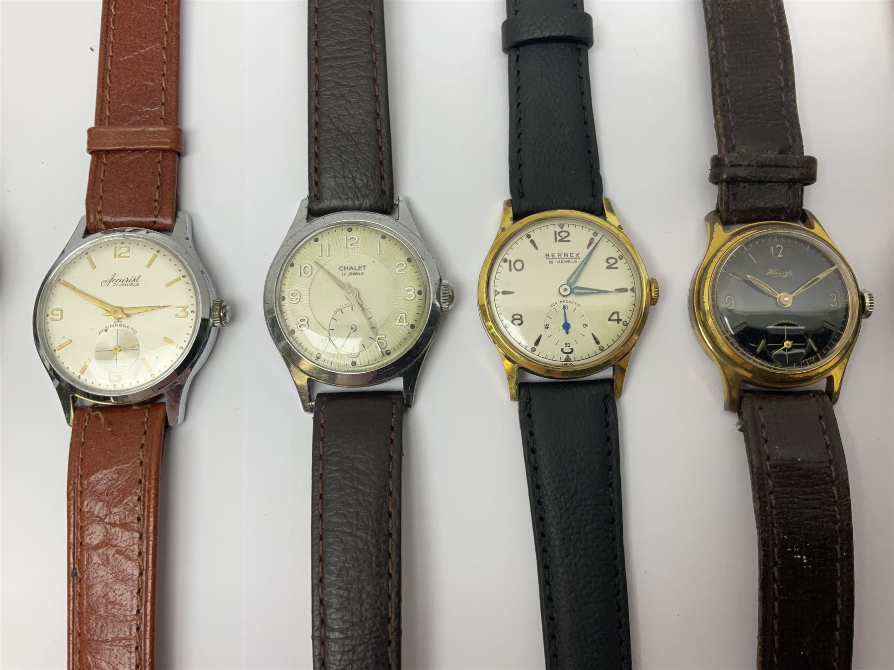 Twelve manual wind wristwatches including MuDu, Kenwell, Cauny, Technos, Bernex, Kienzle, Royce, Emka, Ery, Accurist and Chalet, all with subsidiary seconds dials