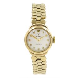 Rolex Precision 9ct gold ladies manual wind wristwatch, case No. 359099 and hallmarked Chester 1960, on three row hexagonal brick link bracelet, in original Rolex box 