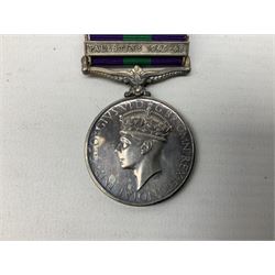 George VI General Service Medal awarded to 14139816 Cpl. A.V.S. Kent R. Sigs.with Palestine 1945-48 clasp in issue box; and quantity of small photographs of soldiers in the desert