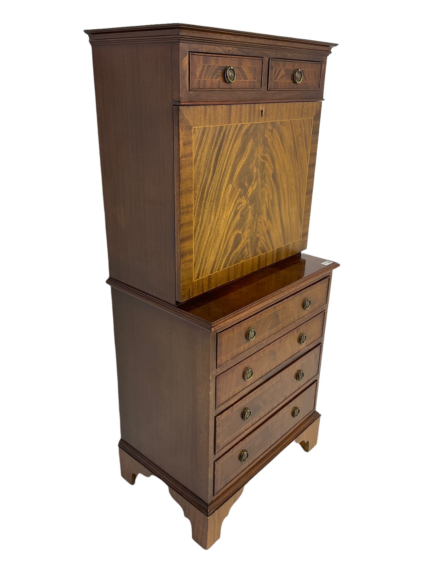 Shaw of London - mahogany secretaire chest, the upper section fitted with two drawers over fall front enclosing drawers, cupboard and pigeon holes, the lower section fitted with four graduating drawers, on bracket feet