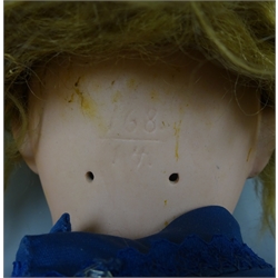 German bisque head doll with applied hair, sleeping eyes, open mouth with teeth and composition body with jointed limbs, marked 168.14 Made in Germany 5 (possibly Kestner), H58cm  