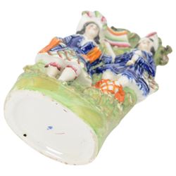 Continental figure group L' Amour,, together with a pair of courting figures and Staffordshire spill vase 