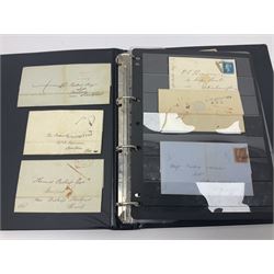 Postal history, including pre-stamp, Queen Victoria imperf penny reds on covers or entires a few with black MX cancels, 1841 two pence blue with white lines added on mourning cover, perf penny red on cover etc, housed in a ring binder folder