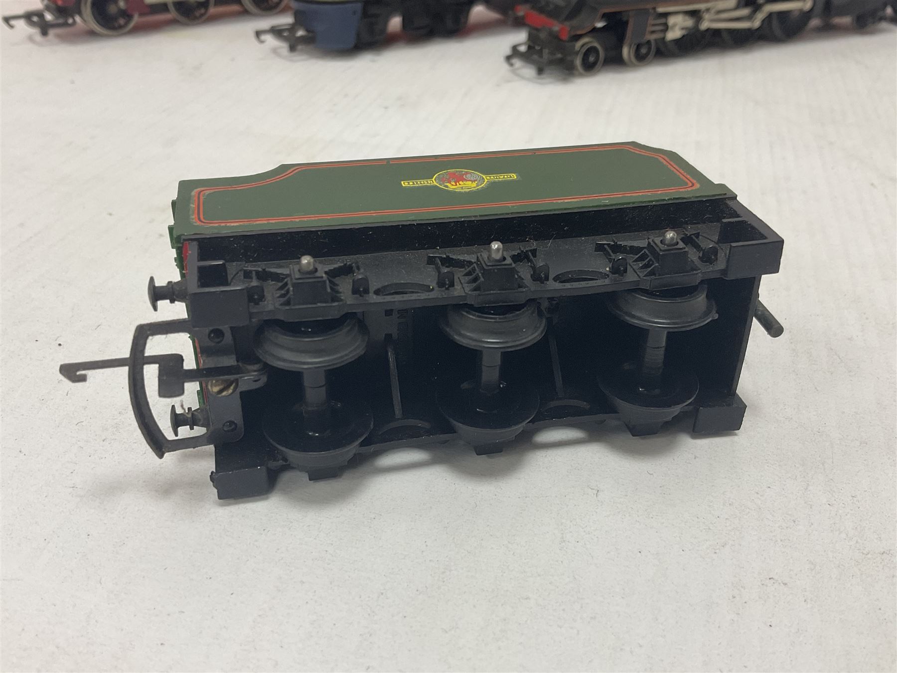 Hornby/Tri-Ang ‘00’ gauge - nine locomotives to include Britannia Class ‘Britannia’ 4-6-2 no.70000 in BR green; Class M7 4-4-0 Tank no.30027 in BR black; Princess Class ‘Princess Victoria’ 4-6-2 no.46205 in BR black; in original boxes; further loose models Princess Class ‘Princess Elizabeth’ 4-6-2 no.46201 in BR green; Class 3F 0-6-0 tank no.7606 in LMS crimson; TR double ended diesel locomotive; three further tank locomotives and one loose tender (10) 