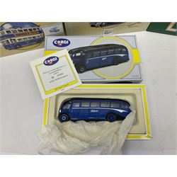 Corgi - twenty eight modern die-cast model coaches, buses and wagons to include Corgi Classics 35305, 96991, 97002, two 97108, 97208, 97267, 97335, 97871 and 98162; limited edition sets D949/26, 97107 and 97185; The Yorkshire Rider Series 91700, 91853, 91858 and 91862; all but one in original boxes or perspex display cases, most with certificates (27)