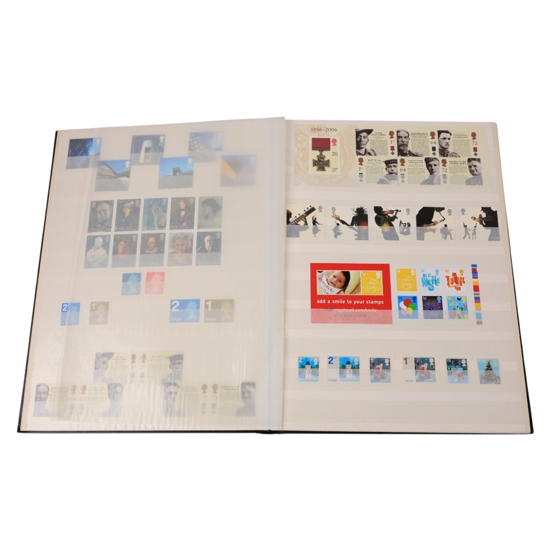 Great British stamps, including Queen Elizabeth II mint decimal stamps, face value of usable postage approximately 150 GBP, first day covers, etc, in two boxes