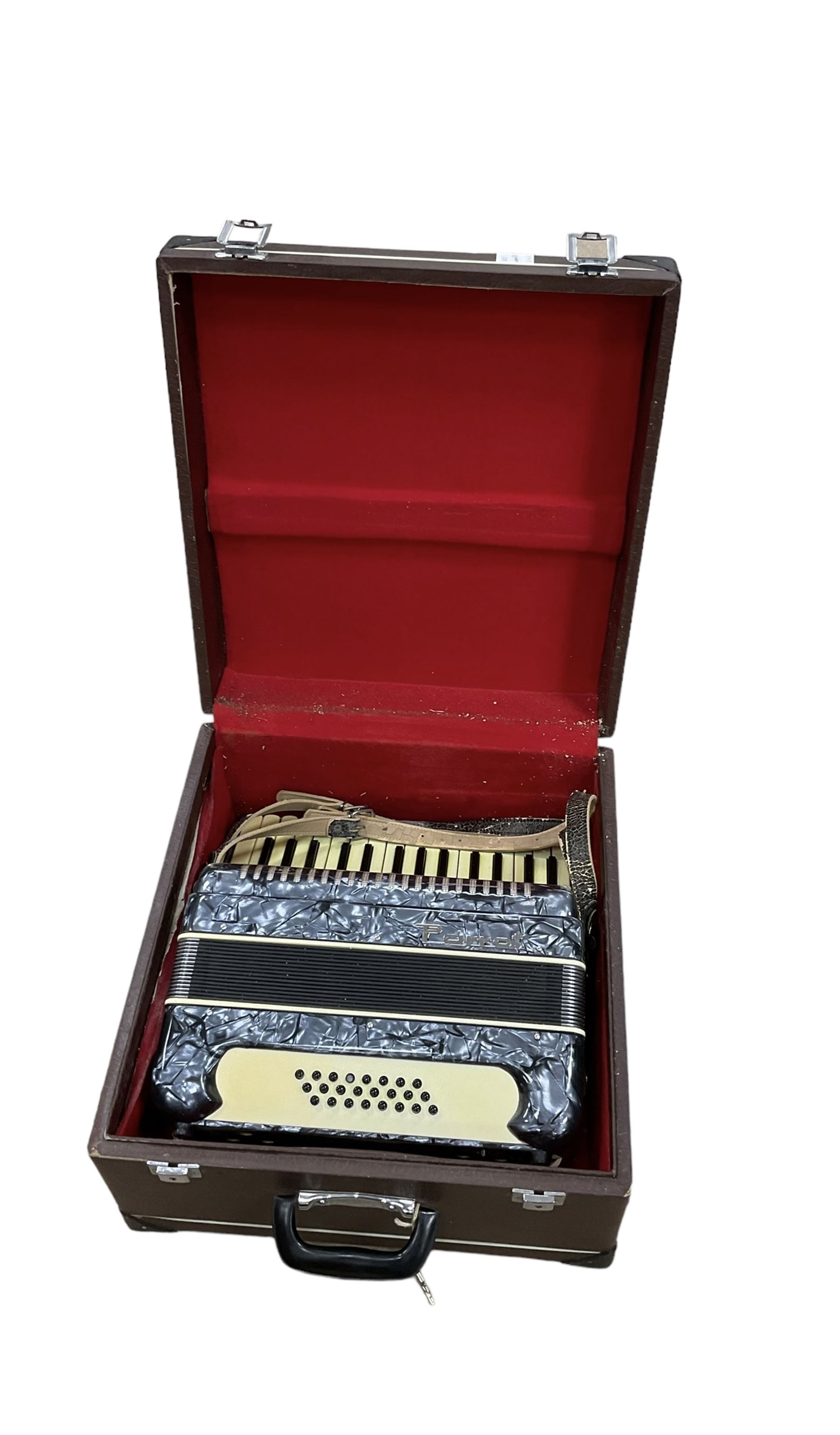 Parrot- Chinese accordion, with 30 treble keys and 24 bass buttons, 14 fold bellows. In a velvet lined hard case.