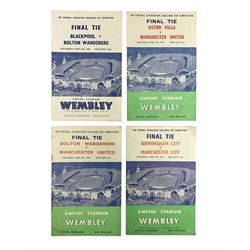 Four F.A. Cup Final programmes at Wembley - 1953 Blackpool v Bolton Wanderers played on May 2nd with Stanley Matthews scoring a match winning hat-trick; 1956 Birmingham City v Manchester City on May 5th in which Bert Trautmann carried on playing with a broken neck; 1957 Aston Villa v Manchester United on May 4th; and 1958 Bolton Wanderers v Manchester United on May 3rd with a post-Munich weakened United team (4)