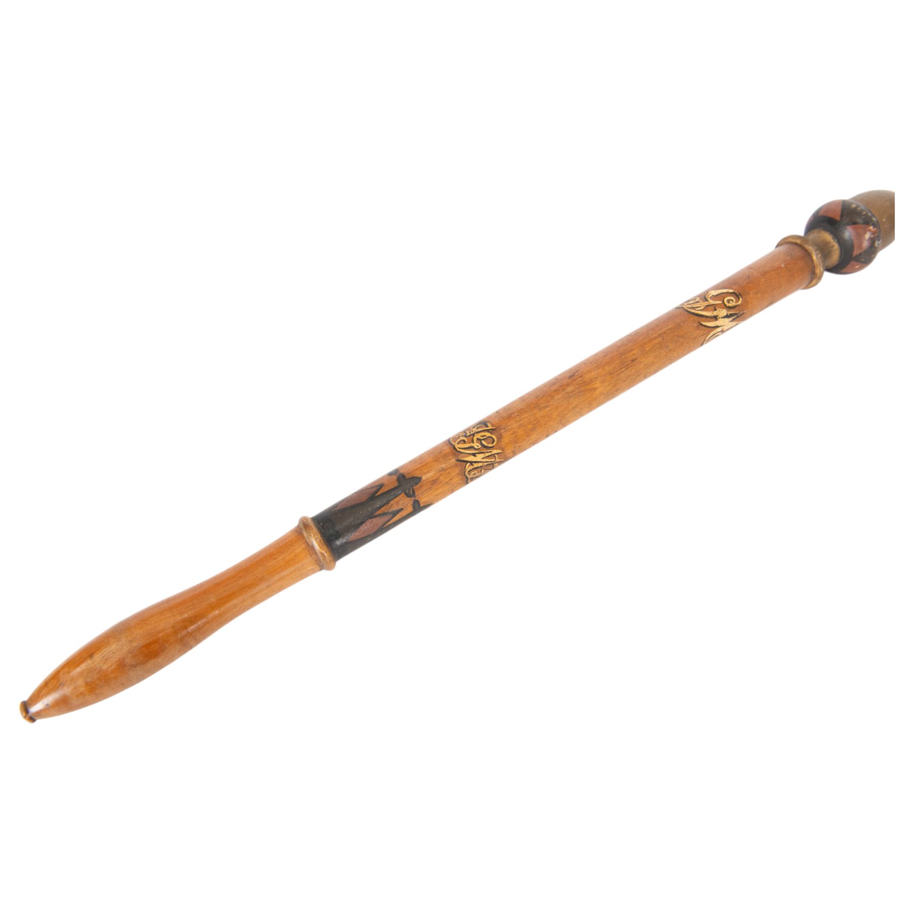 Turned wooden tipstaff, with hand painted decoration and acorn shaped finial, L57cm