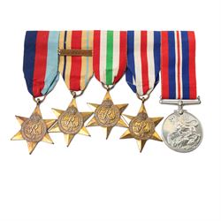 Group of five WWII medals comprising War Medal, 1939-1945 Star, Africa Star with 8th Army clasp, Italy Star and France and Germany Star, another group of War and Defence Medals, 1939-1945 Star and Africa Star, and a copy of the New Testament from George VI inscribed Leonard John Green, 3525653, RAOC, REME 1942, Att Black Watch 1944 and 1945 and Lee Enfield rifle number K91476