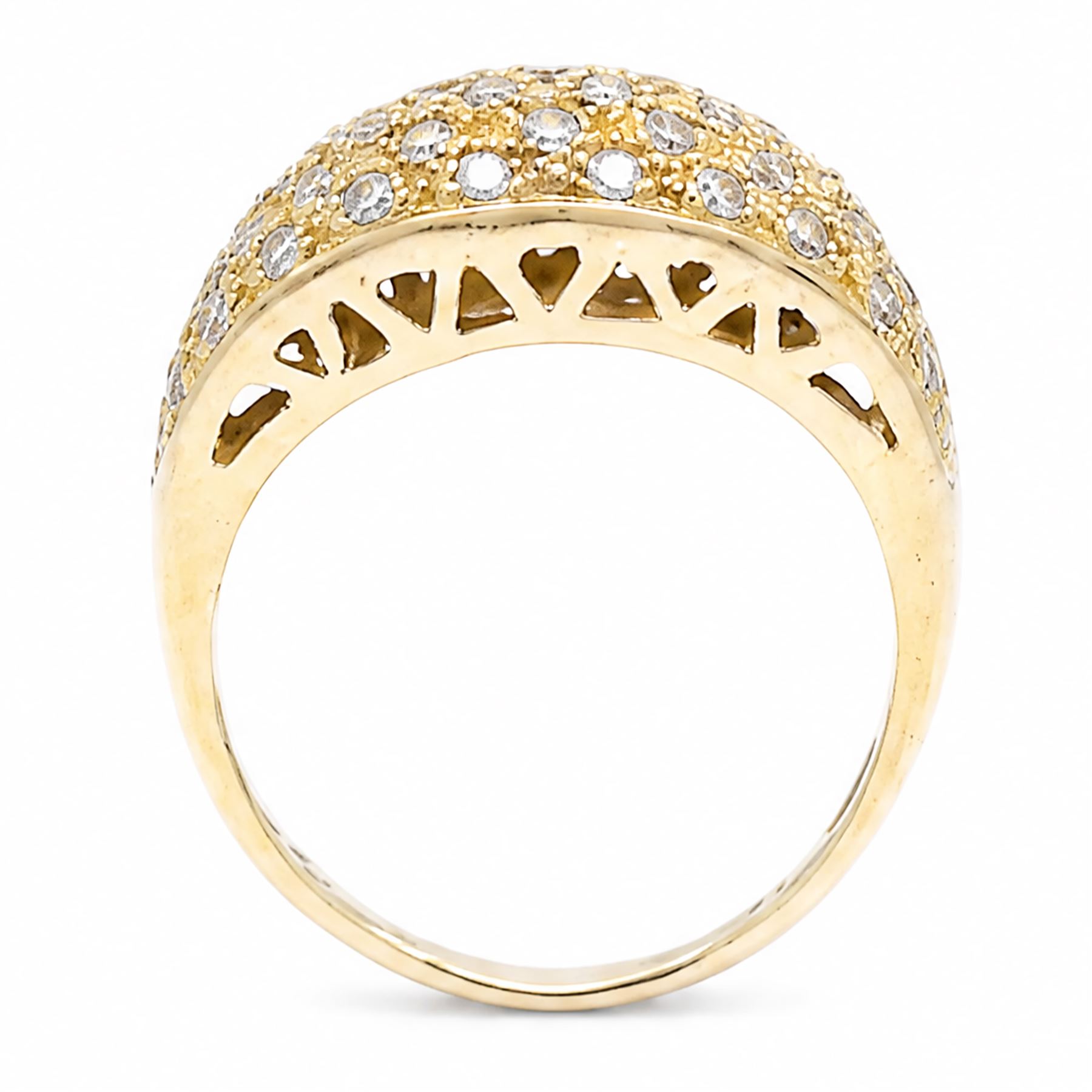 18ct gold diamond dome ring, pave set with round cut diamonds, London import mark 1989