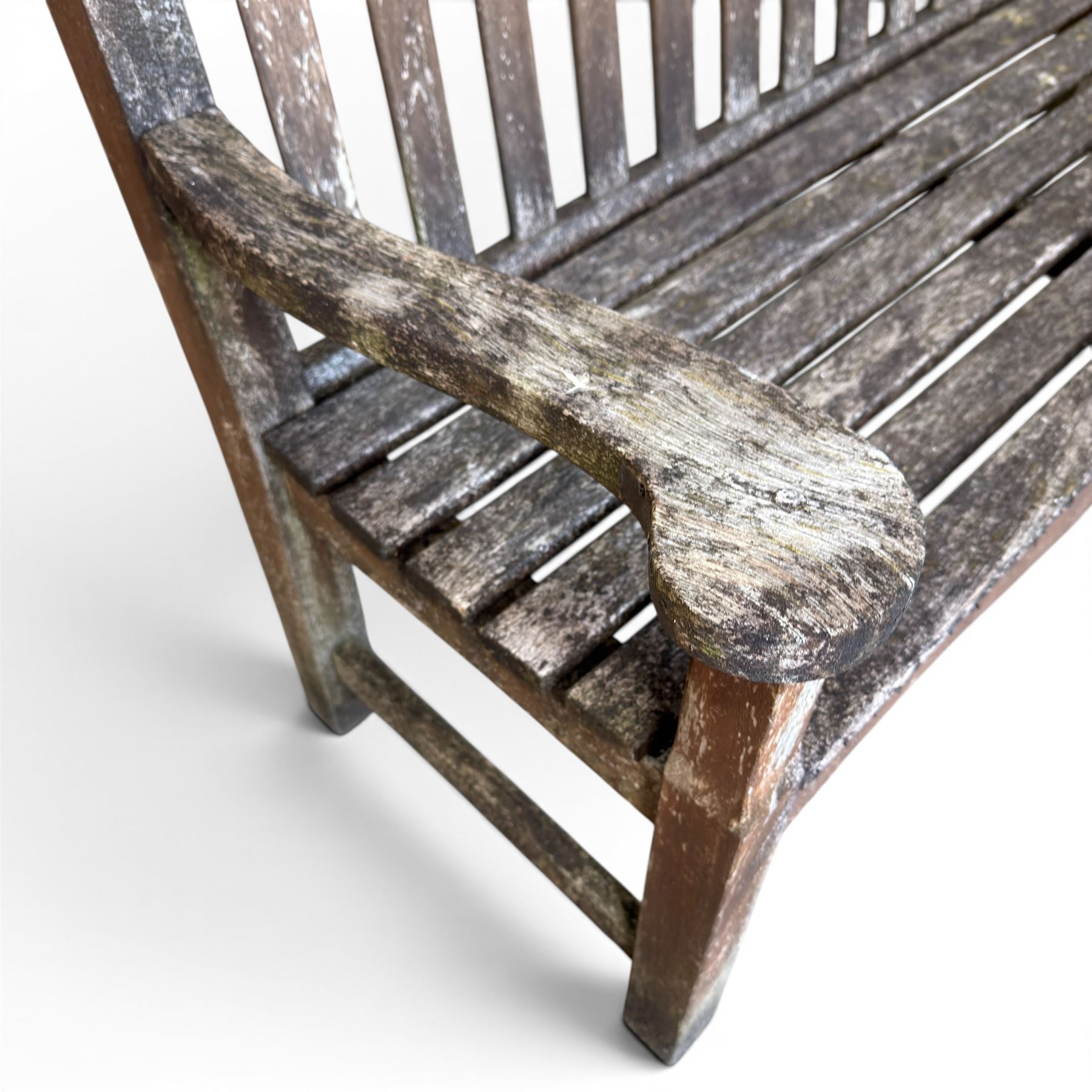 Teak garden bench, wavy shaped rail and slatted seat, with matching coffee table (2)